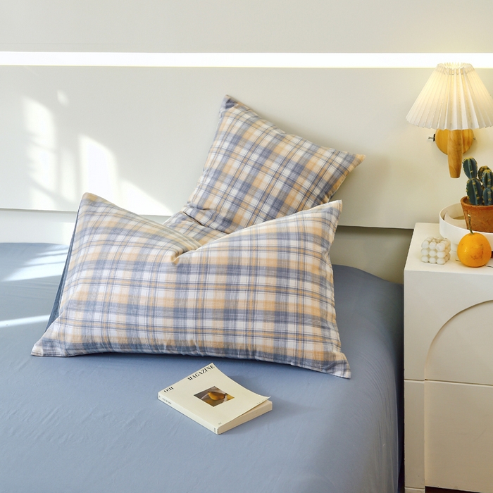 91家纺网 家纺一手货源 找家纺 春皖家纺 2026新款色织AB版水洗棉三件套四件套单品系列（单枕套风格一） 翠竹-蓝格