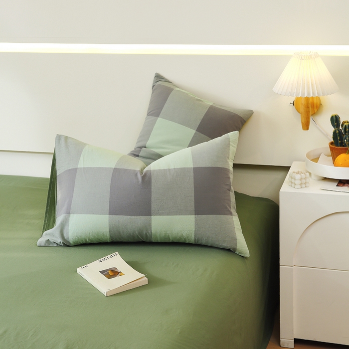 91家纺网 家纺一手货源 找家纺 春皖家纺 2026新款色织AB版水洗棉三件套四件套单品系列（单枕套风格一） 素雅-清格