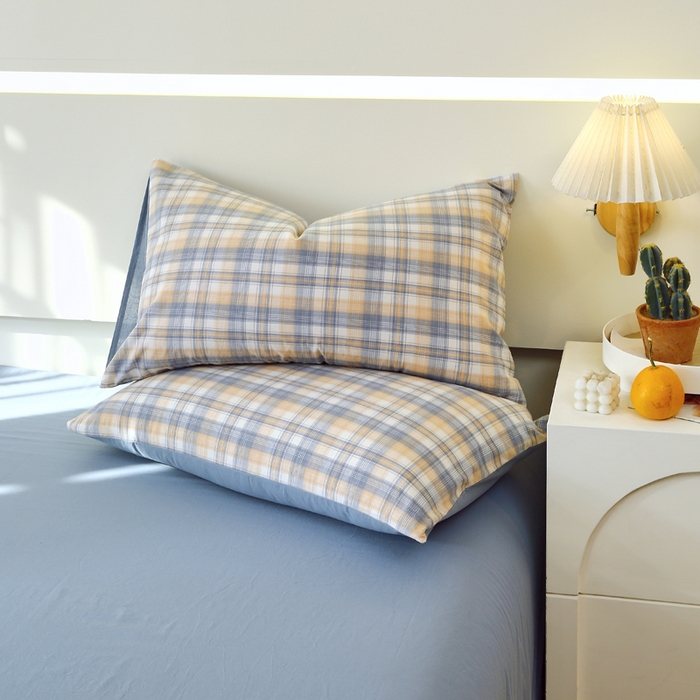 91家纺网 家纺一手货源 找家纺 春皖家纺 2026新款色织AB版水洗棉三件套四件套单品系列（单枕套风格一） 翠竹-蓝格