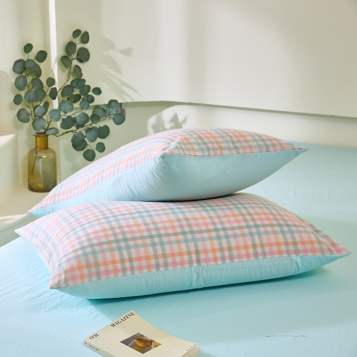 91家纺网 家纺一手货源 找家纺 春皖家纺 2026新款色织AB版水洗棉三件套四件套单品系列（单枕套风格一） 翠竹-绿格