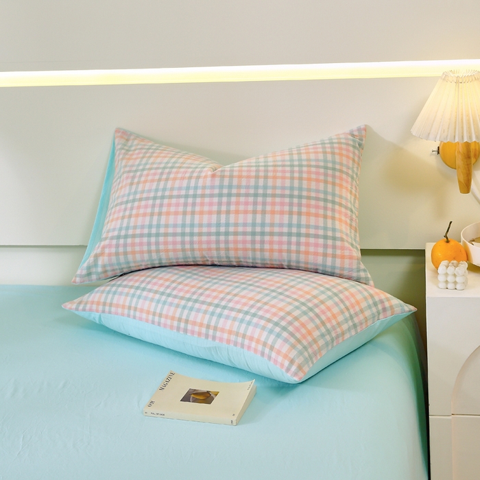 91家纺网 家纺一手货源 找家纺 春皖家纺 2026新款色织AB版水洗棉三件套四件套单品系列（单枕套风格一） 翠竹-绿格