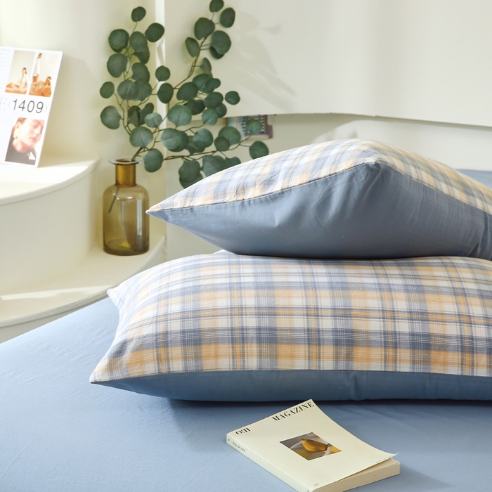 91家纺网 家纺一手货源 找家纺 春皖家纺 2026新款色织AB版水洗棉三件套四件套单品系列（单枕套风格一） 翠竹-蓝格