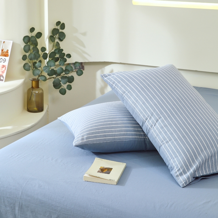 91家纺网 家纺一手货源 找家纺 春皖家纺 2026新款色织AB版水洗棉三件套四件套单品系列（单枕套风格一） 素雅-蓝条