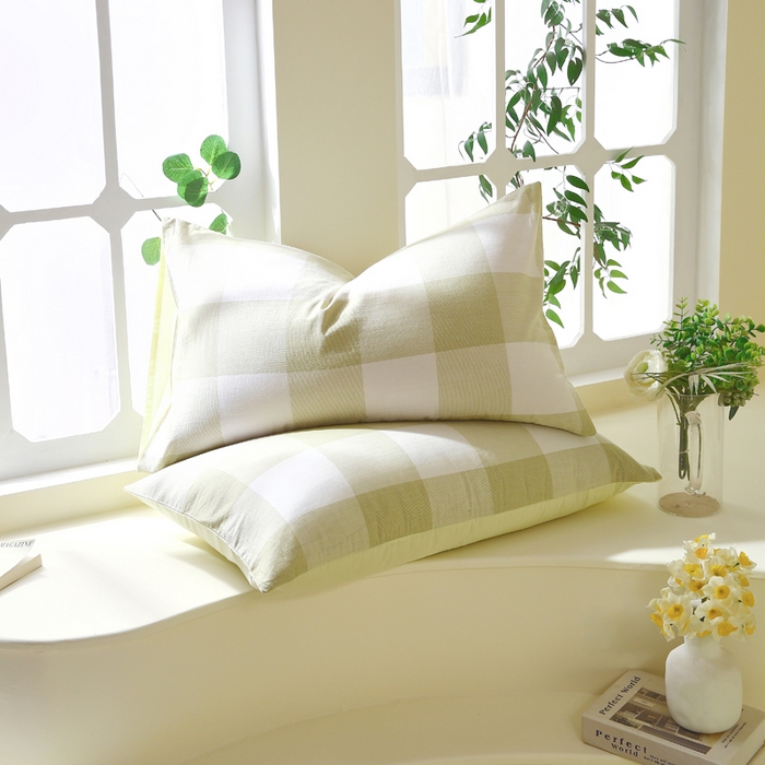 91家纺网 家纺一手货源 找家纺 春皖家纺 2026新款色织AB版水洗棉三件套四件套单品系列（单枕套风格一） 素雅-芳绿