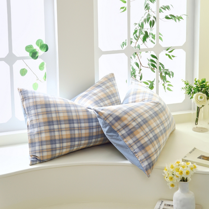 91家纺网 家纺一手货源 找家纺 春皖家纺 2026新款色织AB版水洗棉三件套四件套单品系列（单枕套风格一） 翠竹-蓝格