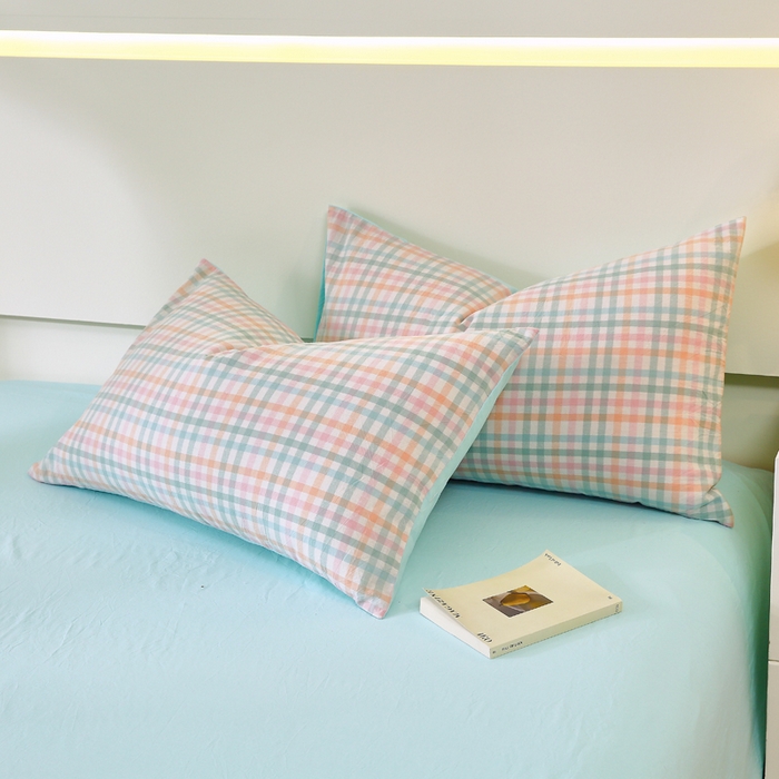 91家纺网 家纺一手货源 找家纺 春皖家纺 2026新款色织AB版水洗棉三件套四件套单品系列（单枕套风格一） 翠竹-绿格