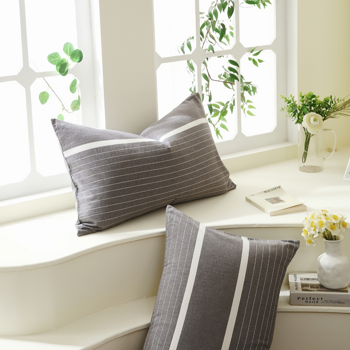 91家纺网 家纺一手货源 找家纺 春皖家纺 2026新款色织AB版水洗棉三件套四件套单品系列（单枕套风格一） 素雅-灰条