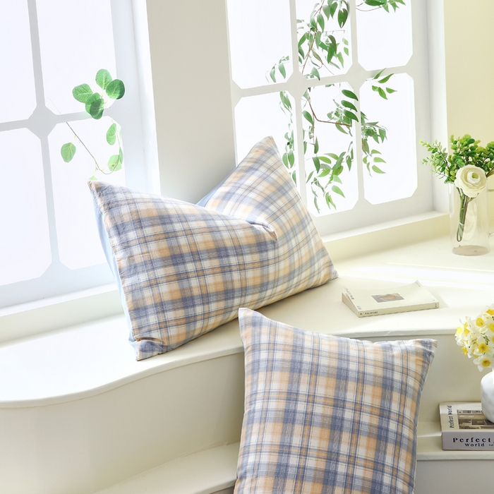 91家纺网 家纺一手货源 找家纺 春皖家纺 2026新款色织AB版水洗棉三件套四件套单品系列（单枕套风格一） 翠竹-蓝格