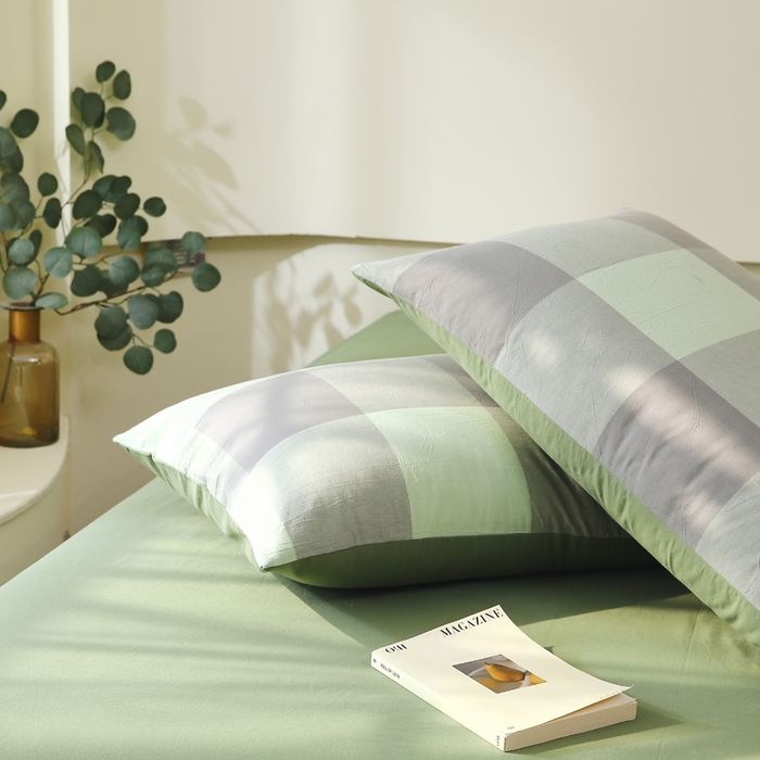 91家纺网 家纺一手货源 找家纺 春皖家纺 2026新款色织AB版水洗棉三件套四件套单品系列（单枕套风格一） 素雅-清格