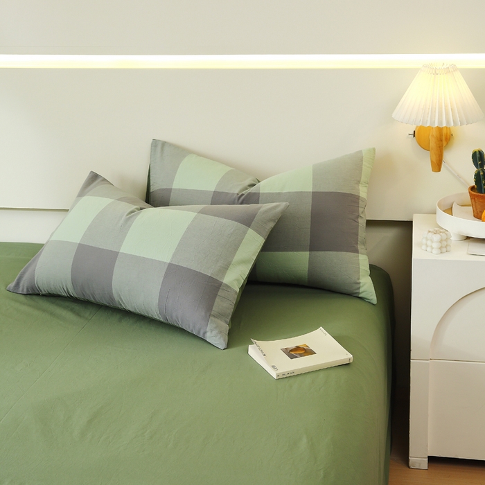 91家纺网 家纺一手货源 找家纺 春皖家纺 2026新款色织AB版水洗棉三件套四件套单品系列（单枕套风格一） 素雅-清格