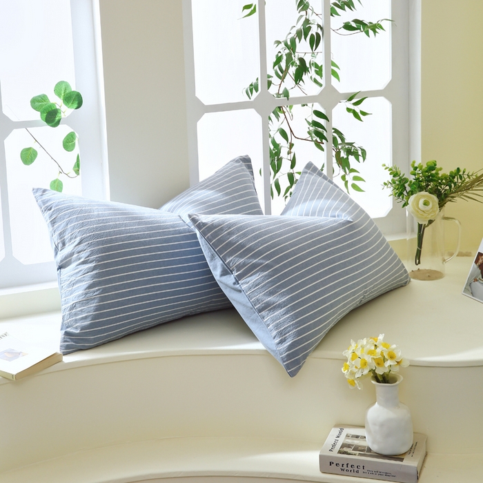 91家纺网 家纺一手货源 找家纺 春皖家纺 2026新款色织AB版水洗棉三件套四件套单品系列（单枕套风格一） 素雅-蓝条