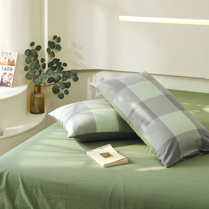 91家纺网 家纺一手货源 找家纺 春皖家纺 2026新款色织AB版水洗棉三件套四件套单品系列（单枕套风格一） 素雅-清格