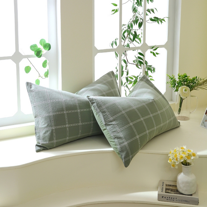 91家纺网 家纺一手货源 找家纺 春皖家纺 2026新款色织AB版水洗棉三件套四件套单品系列（单枕套风格一） 素雅-韵绿