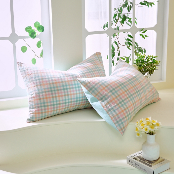 91家纺网 家纺一手货源 找家纺 春皖家纺 2026新款色织AB版水洗棉三件套四件套单品系列（单枕套风格一） 翠竹-绿格