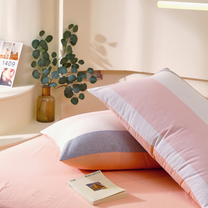 91家纺网 家纺一手货源 找家纺 春皖家纺 2026新款色织AB版水洗棉三件套四件套单品系列（单枕套风格一） 素雅-灰白条