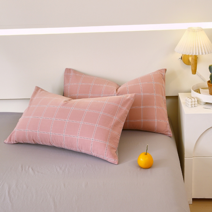 91家纺网 家纺一手货源 找家纺 春皖家纺 2026新款色织AB版水洗棉三件套四件套单品系列（单枕套风格一） 素雅-韵粉