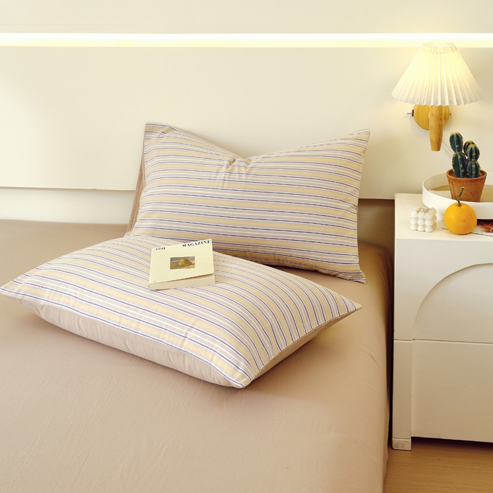 春皖家纺 2026新款色织AB版水洗棉三件套四件套单品系列（单枕套风格一） 素雅-杏黄纹