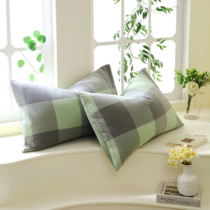 91家纺网 家纺一手货源 找家纺 春皖家纺 2026新款色织AB版水洗棉三件套四件套单品系列（单枕套风格一） 素雅-清格