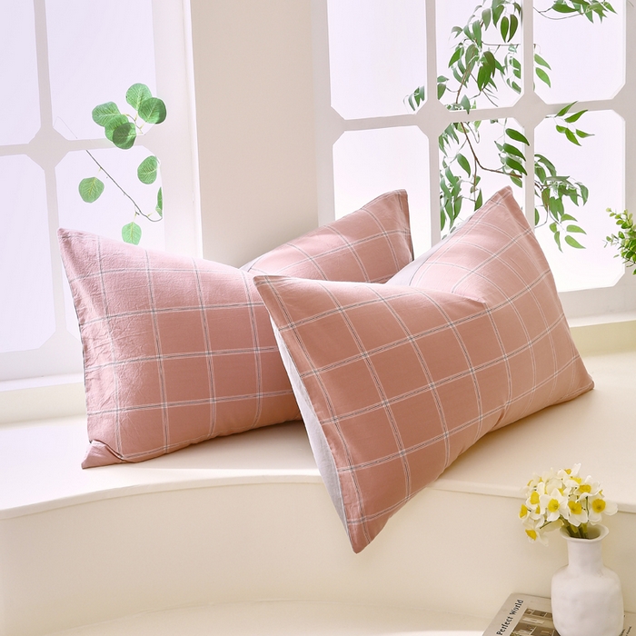 91家纺网 家纺一手货源 找家纺 春皖家纺 2026新款色织AB版水洗棉三件套四件套单品系列（单枕套风格一） 素雅-韵粉