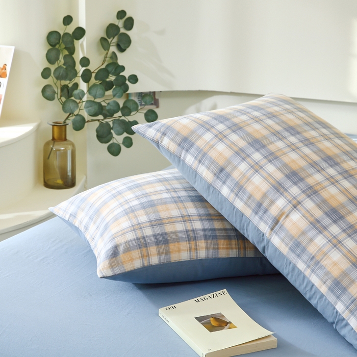 91家纺网 家纺一手货源 找家纺 春皖家纺 2026新款色织AB版水洗棉三件套四件套单品系列（单枕套风格一） 翠竹-蓝格