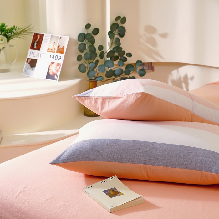 91家纺网 家纺一手货源 找家纺 春皖家纺 2026新款色织AB版水洗棉三件套四件套单品系列（单枕套风格一） 素雅-灰白条