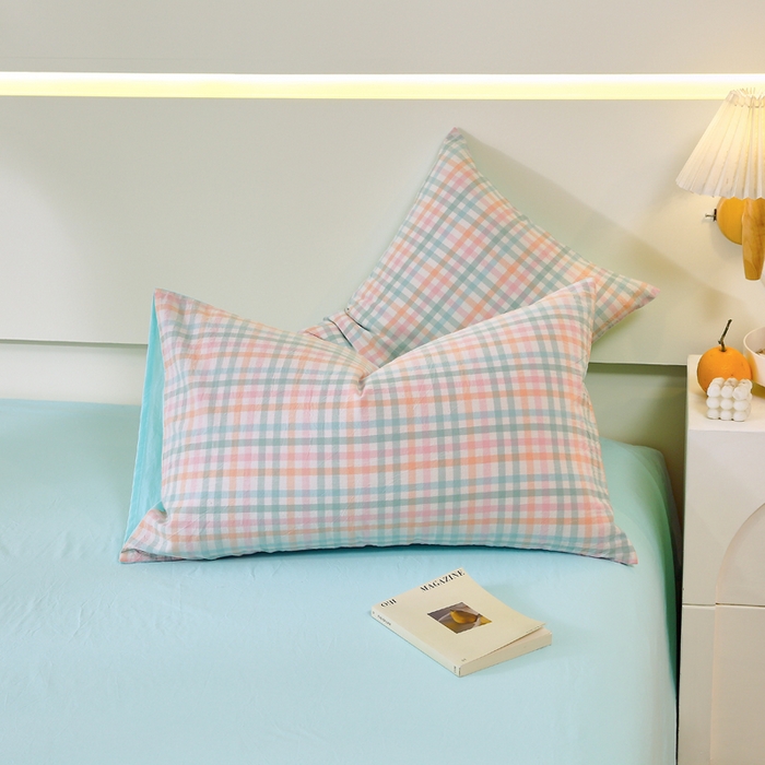 91家纺网 家纺一手货源 找家纺 春皖家纺 2026新款色织AB版水洗棉三件套四件套单品系列（单枕套风格一） 翠竹-绿格