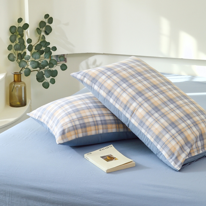 91家纺网 家纺一手货源 找家纺 春皖家纺 2026新款色织AB版水洗棉三件套四件套单品系列（单枕套风格一） 翠竹-蓝格