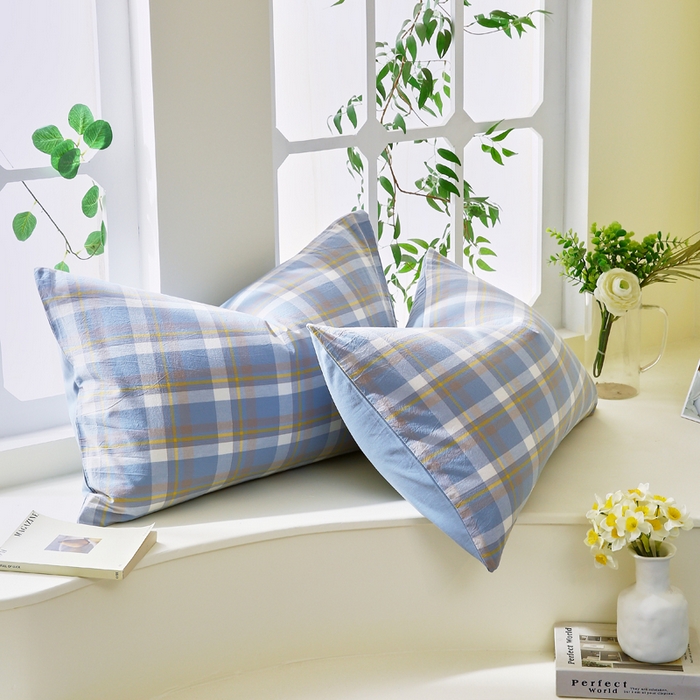 91家纺网 家纺一手货源 找家纺 春皖家纺 2026新款色织AB版水洗棉三件套四件套单品系列（单枕套风格一） 素雅-蓝格