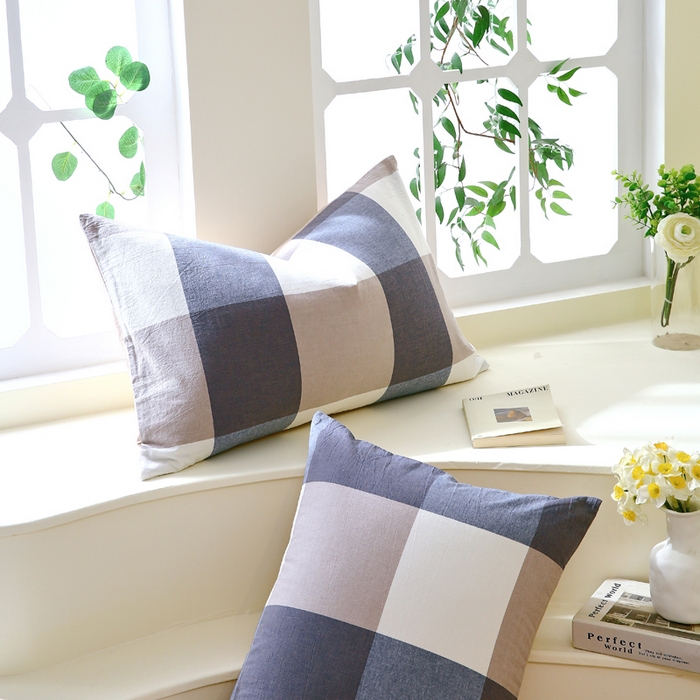 91家纺网 家纺一手货源 找家纺 春皖家纺 2026新款色织AB版水洗棉三件套四件套单品系列（单枕套风格一） 素雅-蓝大格