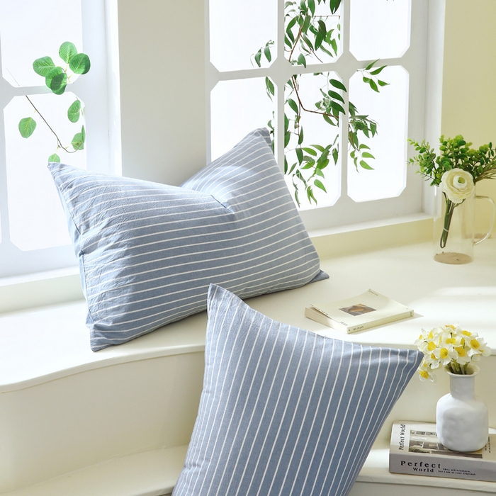 91家纺网 家纺一手货源 找家纺 春皖家纺 2026新款色织AB版水洗棉三件套四件套单品系列（单枕套风格一） 素雅-蓝条