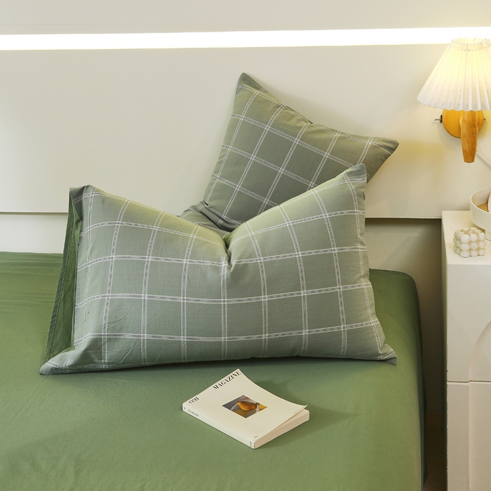 91家纺网 家纺一手货源 找家纺 春皖家纺 2026新款色织AB版水洗棉三件套四件套单品系列（单枕套风格一） 素雅-韵绿