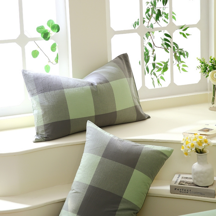 91家纺网 家纺一手货源 找家纺 春皖家纺 2026新款色织AB版水洗棉三件套四件套单品系列（单枕套风格一） 素雅-清格