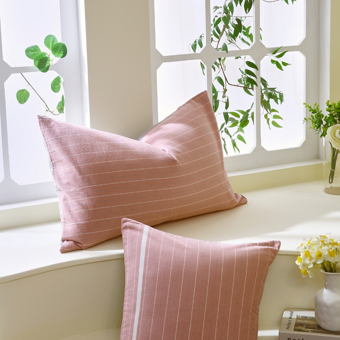 91家纺网 家纺一手货源 找家纺 春皖家纺 2026新款色织AB版水洗棉三件套四件套单品系列（单枕套风格一） 素雅-蔻粉