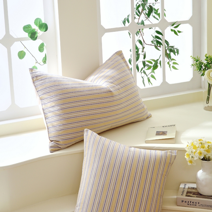 91家纺网 家纺一手货源 找家纺 春皖家纺 2026新款色织AB版水洗棉三件套四件套单品系列（单枕套风格一） 素雅-杏黄纹