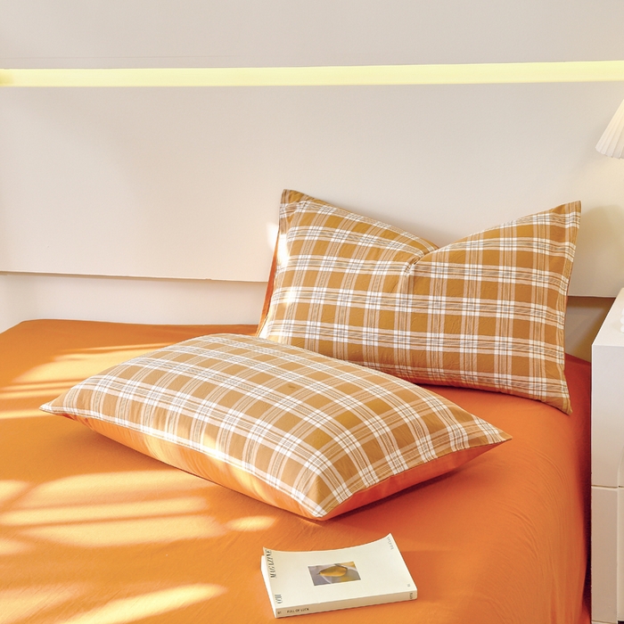 春皖家纺 2026新款色织AB版水洗棉三件套四件套单品系列（单枕套风格一） 素雅-黄格
