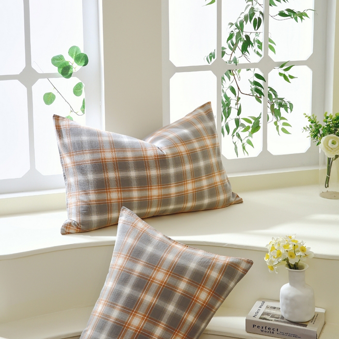 91家纺网 家纺一手货源 找家纺 春皖家纺 2026新款色织AB版水洗棉三件套四件套单品系列（单枕套风格一） 栗木-咖格