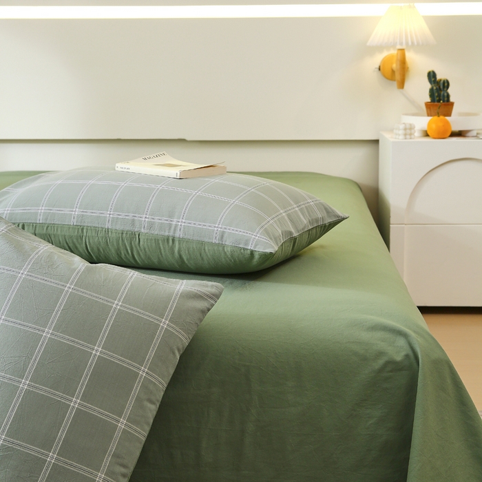 91家纺网 家纺一手货源 找家纺 春皖家纺 2026新款色织AB版水洗棉三件套四件套单品系列（单枕套风格一） 素雅-韵绿