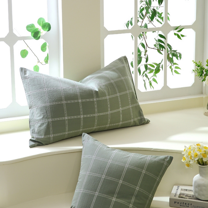 91家纺网 家纺一手货源 找家纺 春皖家纺 2026新款色织AB版水洗棉三件套四件套单品系列（单枕套风格一） 素雅-韵绿