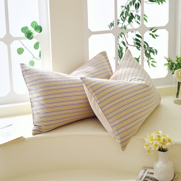 91家纺网 家纺一手货源 找家纺 春皖家纺 2026新款色织AB版水洗棉三件套四件套单品系列（单枕套风格一） 素雅-杏黄纹