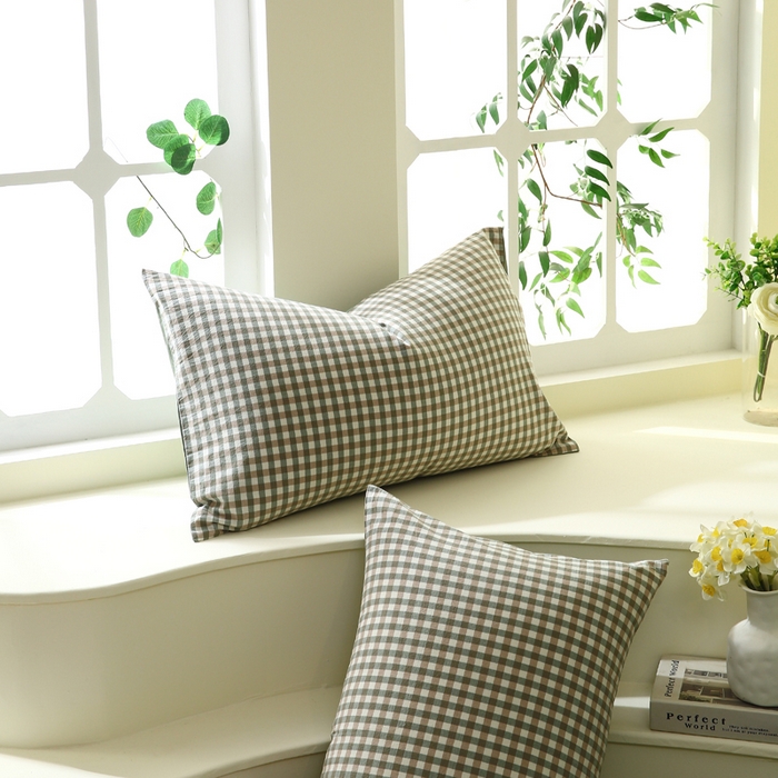 91家纺网 家纺一手货源 找家纺 春皖家纺 2026新款色织AB版水洗棉三件套四件套单品系列（单枕套风格一） 素雅-绿格