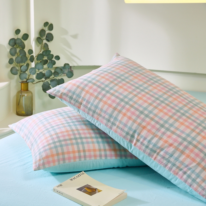 91家纺网 家纺一手货源 找家纺 春皖家纺 2026新款色织AB版水洗棉三件套四件套单品系列（单枕套风格一） 翠竹-绿格