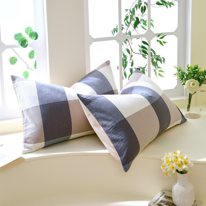 91家纺网 家纺一手货源 找家纺 春皖家纺 2026新款色织AB版水洗棉三件套四件套单品系列（单枕套风格一） 素雅-蓝大格