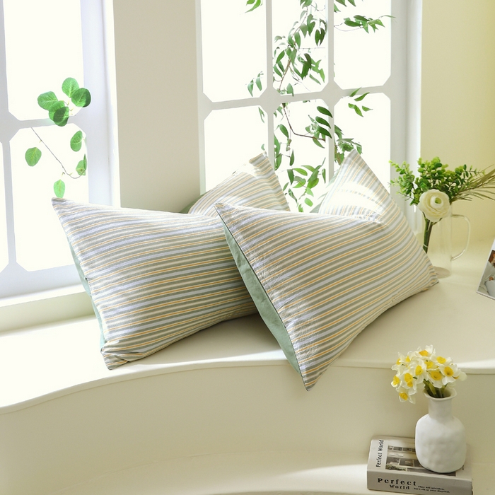 91家纺网 家纺一手货源 找家纺 春皖家纺 2026新款色织AB版水洗棉三件套四件套单品系列（单枕套风格一） 素雅-绿条