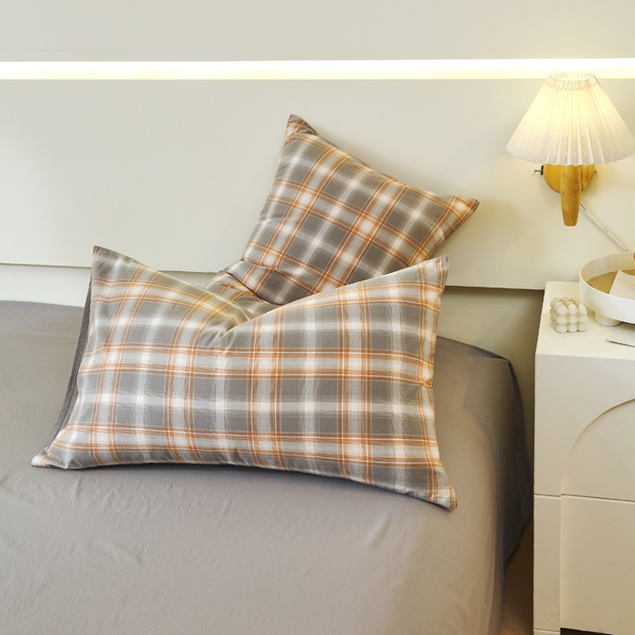 91家纺网 家纺一手货源 找家纺 春皖家纺 2026新款色织AB版水洗棉三件套四件套单品系列（单枕套风格一） 栗木-咖格