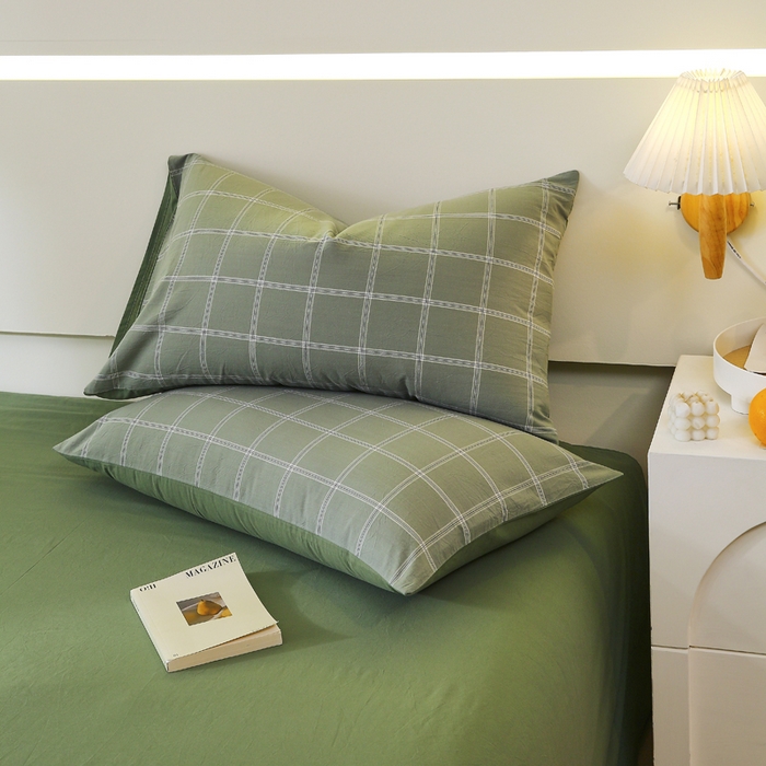 91家纺网 家纺一手货源 找家纺 春皖家纺 2026新款色织AB版水洗棉三件套四件套单品系列（单枕套风格一） 素雅-韵绿