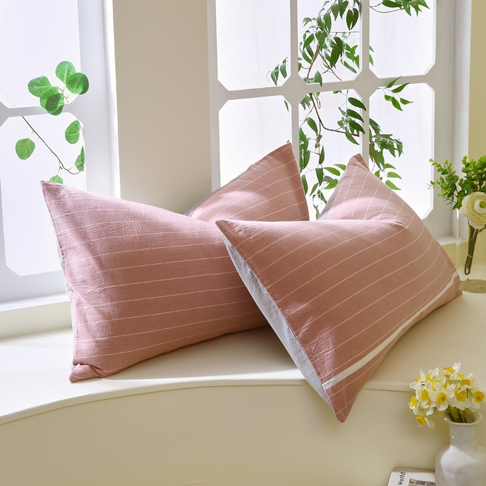 91家纺网 家纺一手货源 找家纺 春皖家纺 2026新款色织AB版水洗棉三件套四件套单品系列（单枕套风格一） 素雅-蔻粉