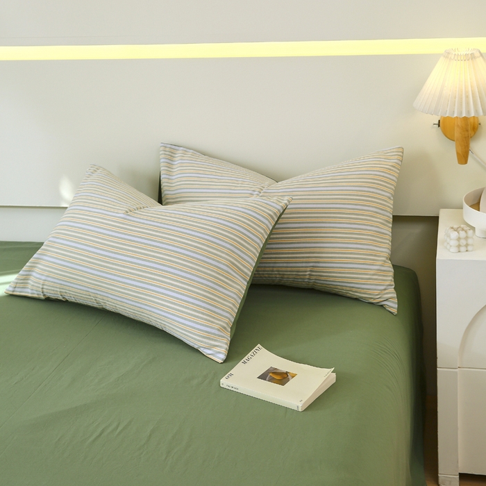 91家纺网 家纺一手货源 找家纺 春皖家纺 2026新款色织AB版水洗棉三件套四件套单品系列（单枕套风格一） 素雅-绿条