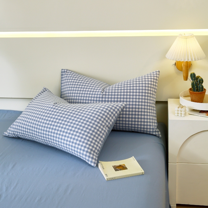 春皖家纺 2026新款色织AB版水洗棉三件套四件套单品系列（单枕套风格一） 素雅-蓝小格