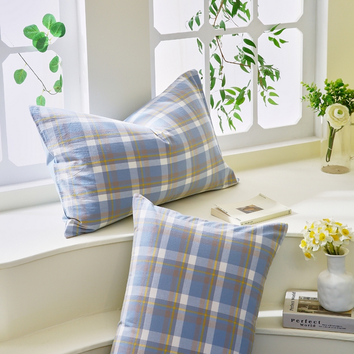 91家纺网 家纺一手货源 找家纺 春皖家纺 2026新款色织AB版水洗棉三件套四件套单品系列（单枕套风格一） 素雅-蓝格