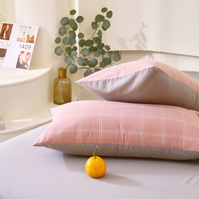 91家纺网 家纺一手货源 找家纺 春皖家纺 2026新款色织AB版水洗棉三件套四件套单品系列（单枕套风格一） 素雅-韵粉